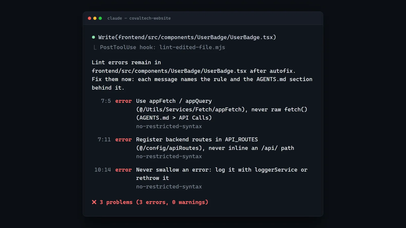 The lint hook reports three errors back to the agent after it writes a component
